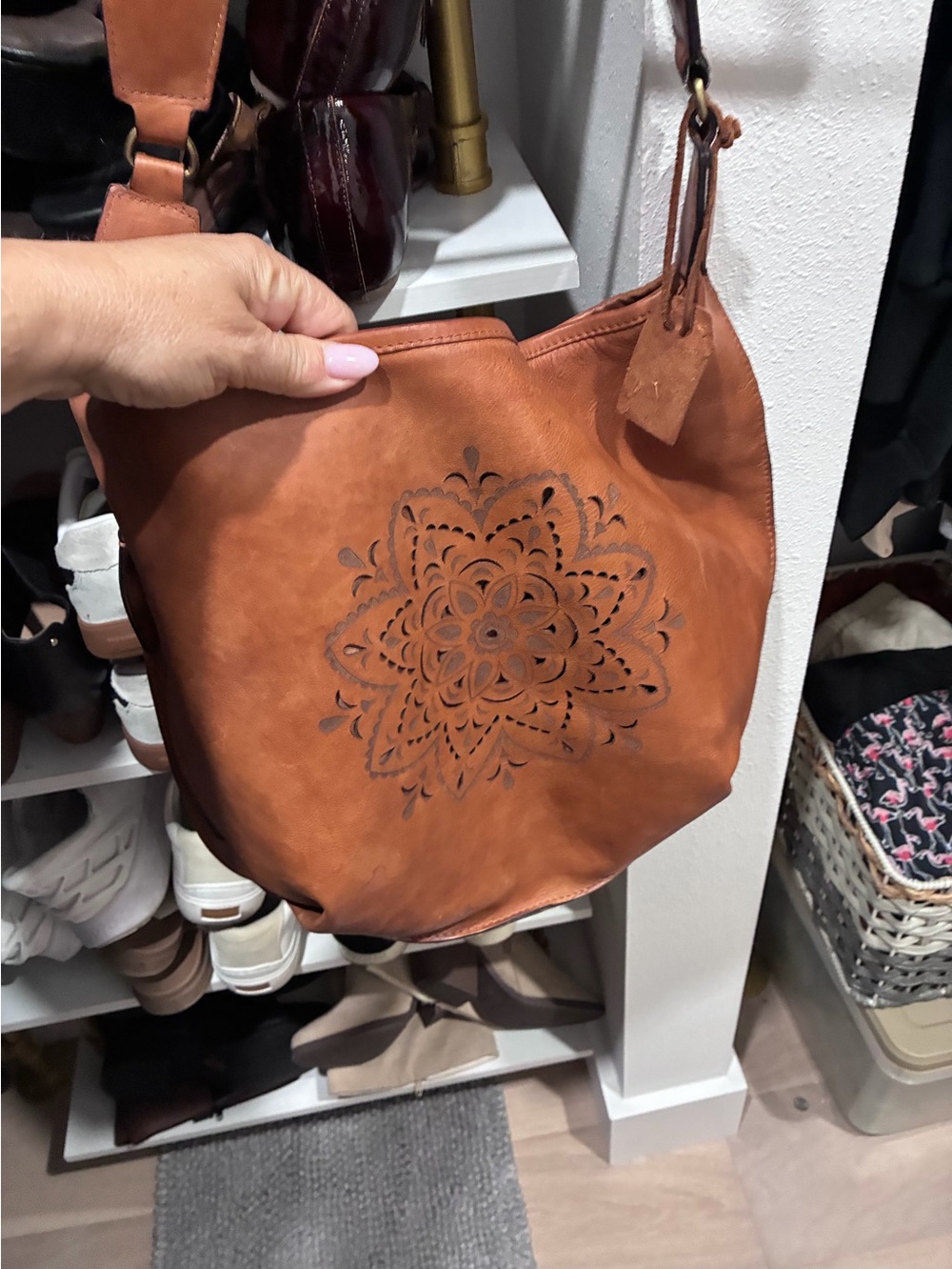 Genuine Leather Women's Tan Crossbody Hobo Bag with Laser-Cut Floral Detail